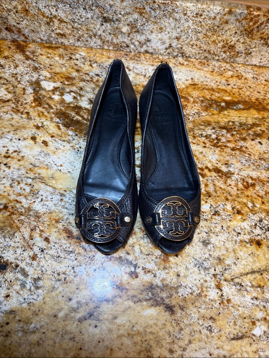 Tory Burch Shoes - Tory Burch Black Pebbled Leather Peep Toe Wedge Pumps